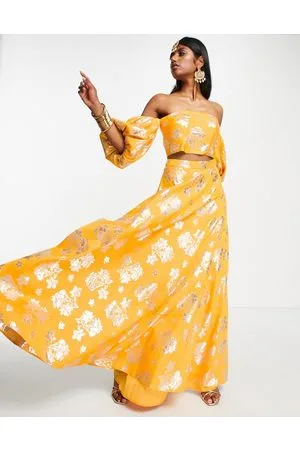 ASOS Gonna lehenga lunga a fiori jacquard color albicocca in coordinato