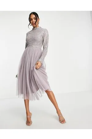 Beauut Vestito midi da damigella argento e rosa decorato