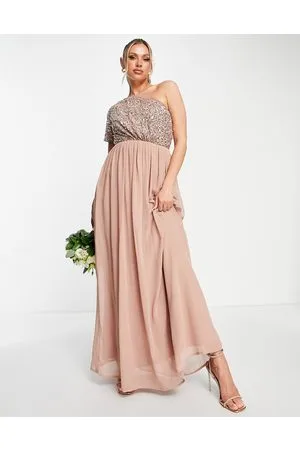Beauut Vestito lungo da damigella beige decorato monospalla