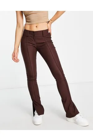 Topshop Pantaloni a zampa a vita bassa in bengalina color cioccolato con bottoni doppi