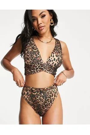 ASOS Mix and Match - Slip bikini sgambati a vita alta a coste con stampa leopardata