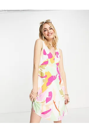 Y.A.S Vestito corto rosa acceso e verde stampato con scollo a V