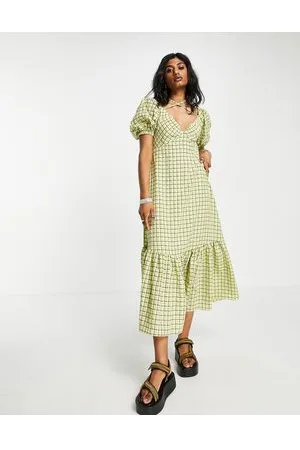 Topshop Vestito midi con dettaglio coppe sul busto lime a quadri testurizzato