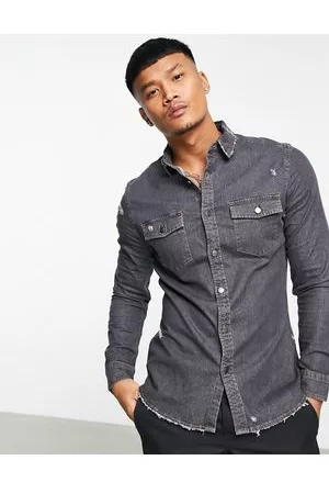 ASOS Camicia di jeans skinny con strappi, colore nero slavato