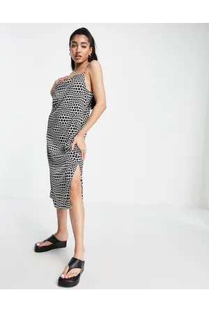 Monki Vestito midi a pois con scollo ad anello e spalline sottili