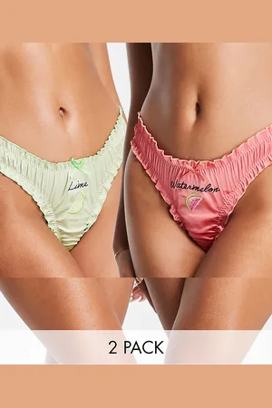 ASOS Confezione da 2 perizomi in raso arancione e verde con volant e ricami di frutta