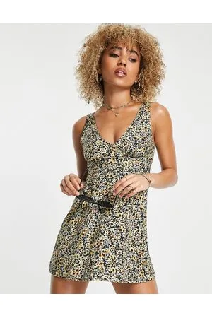 Motel Vestito da giorno corto con scollo a V giallo a fiori stile grunge