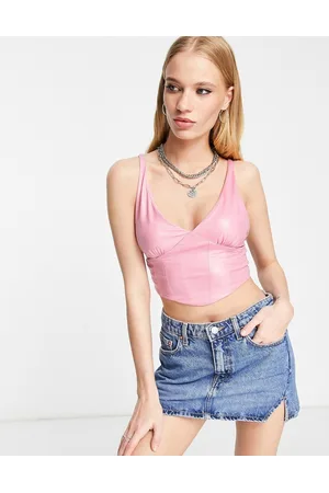 Bershka Crop top a corsetto in pelle sintetica