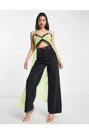 Miss Selfridge Vestito lungo lime con finiture in pizzo e spalline sottili
