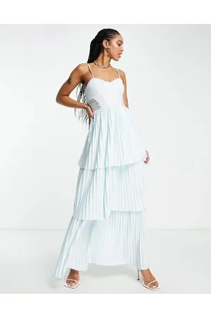 ASOS Vestito lungo a balze e pieghe con dettagli in pizzo e spalline sottili menta a pieghe