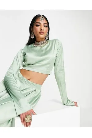 Kanya London Lehenga - Crop top salvia da damigella a maniche lunghe