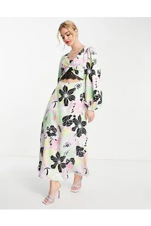 ASOS Vestito da giorno midi in raso con stampa vivace a fiori e inserto in pizzo
