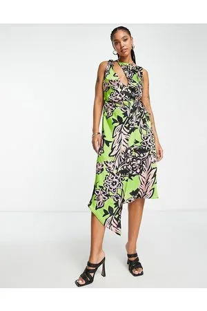 Topshop Vestito midi avvolgente verde e rosa a fiori