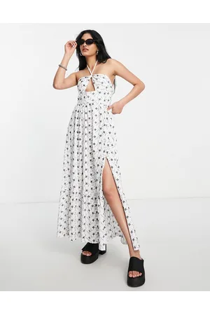 ASOS Vestito lungo a balze allacciato al collo con cut-out in pizzo sangallo nero a contrasto