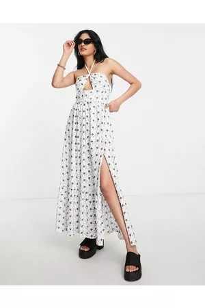 ASOS Vestito lungo a balze allacciato al collo con cut-out in pizzo sangallo nero a contrasto
