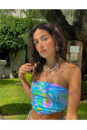 Noisy May Top bikini a fascia con laccetti sul retro blu con stampa astratta