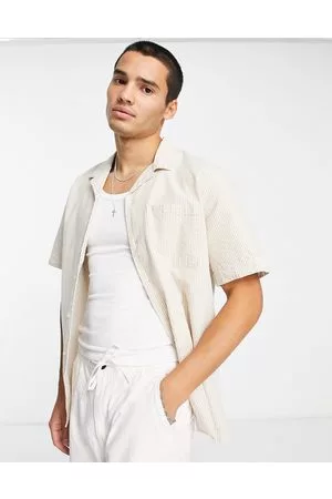 SELECTED Camicia a maniche corte in seersucker beige a righe con rever