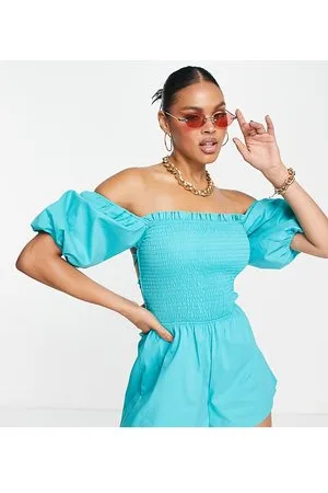 Missguided Tuta corta effetto lino con laccetti sul retro color turchese