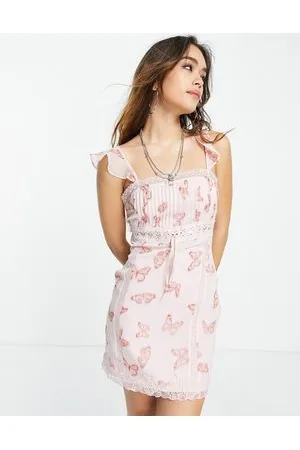 ASOS Vestito corto in chiffon con stampa di farfalle e inserto in pizzo con pinces