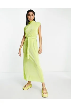 River Island Vestito midi plissé con taglio a colonna allacciato in vita, colore lime