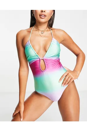 ASOS Costume da bagno con stampa sfumata, apertura a goccia e arricciatura sul davanti