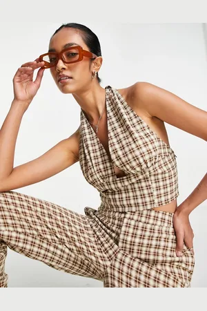 Lola May Crop top allacciato al collo a quadri in coordinato