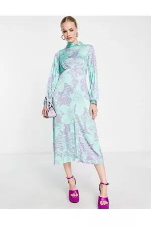 Closet Vestito midi menta con stampa e spacco