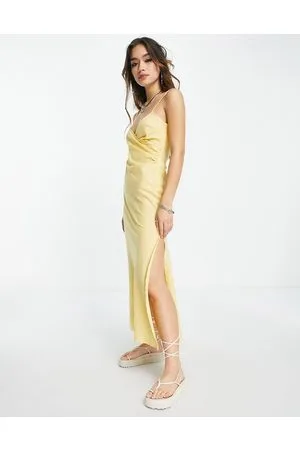 ASOS Prendisole midi in lino color limone con spalline sottili, arricciatura laterale con spacco