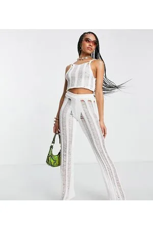 AsYou Pantaloni in maglia effetto smagliato bianchi in coordinato