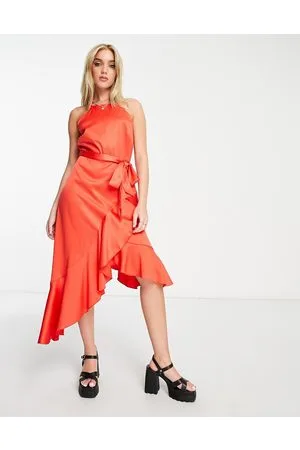Style Cheat Vestito midi allacciato al collo acceso con volant