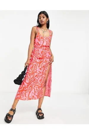 ASOS Prendisole lungo in lino con stampa astratta a cuori con scollo rotondo e spacco