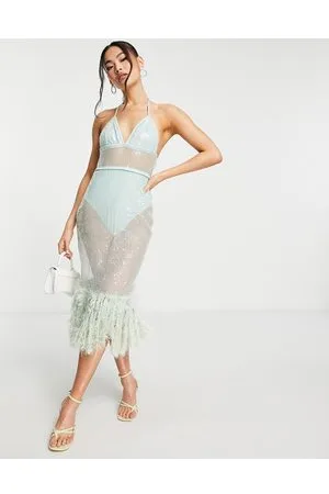 Starlet Esclusiva - Vestito midi trasparente decorato con piume sintetiche color menta