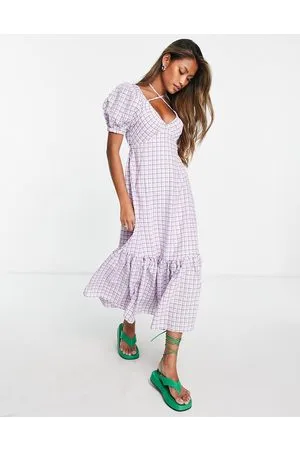 Topshop Vestito midi con dettaglio coppe lilla a quadri testurizzato