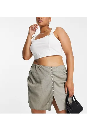 ASOS ASOS DESIGN Curve - Minigonna avvolgente in lino color kaki con bottoni ed effetto puntinato naturale