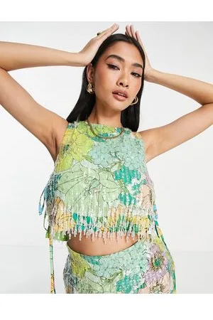 ASOS Crop top con motivo floreale vivace, paillettes e frange
