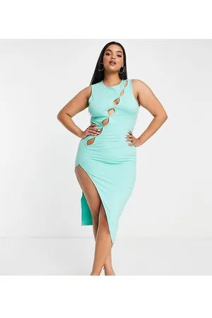 Simmi London Simmi Plus - Vestito midi con spacco profondo asimmetrico e cut-out turchese