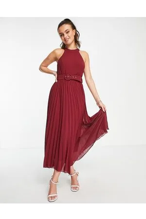 Style Cheat Vestito accollato a pieghe con gonna al polpaccio color prugna