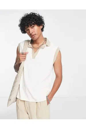 ASOS Polo comoda senza maniche color crema a costine con finiture beige