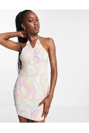 Monki Vestito corto allacciato al collo con stampa astratta