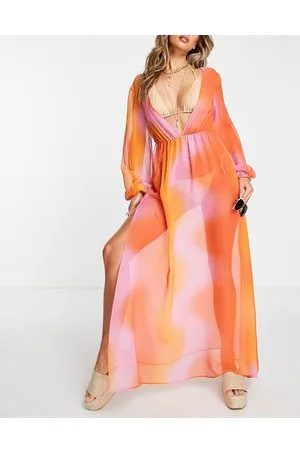 ASOS Vestito lungo da mare a maniche lunghe con scollo profondo e stampa sfumata