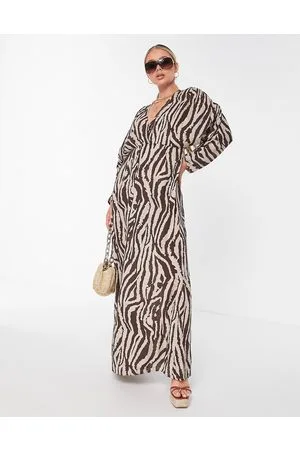 ASOS Vestito lungo da mare a maniche lunghe arricciate con scollo profondo in tessuto stropicciato con stampa animalier