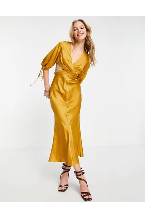 ASOS Vestito midi in raso con bottoni sul davanti e pieghe in vita