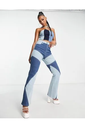 Fashionkilla Jeans a zampa blu patchwork anni 