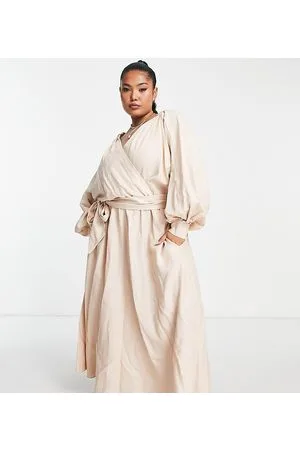 ASOS Curve - Vestito midi a portafoglio in lino color pietra con dettagli elasticizzati sul retro