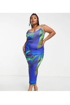 Simmi London SIMMI Plus - Vestito midi blu con stampa astratta e spalline