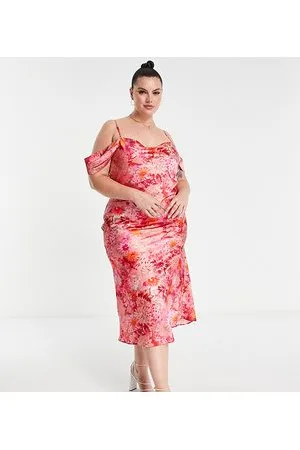 HOPE & IVY Vestito midi con spalle scoperte in raso rosso e rosa con stampa a fiori
