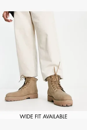 ASOS Stivaletti stringati in pelle sintetica color pietra con collarino imbottito e suola spessa