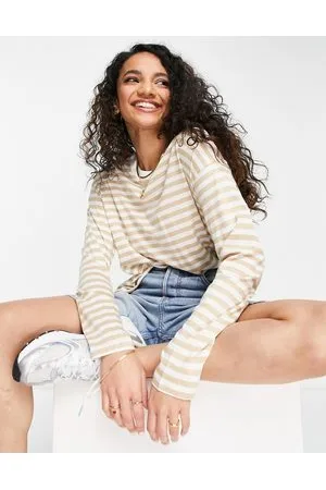 Monki Maja - Top a maniche lunghe in misto cotone a righe beige e - WHITE