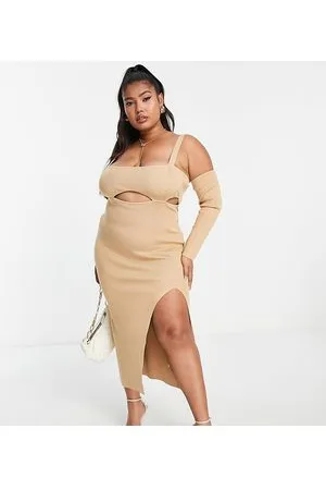 Simmi London Simmi Plus - Vestito midi con cut-out sul busto e spacco sulla coscia color cuoio