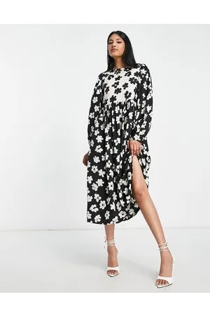 VILA Vestito grembiule midi monocromatico con stampa a fiori grandi